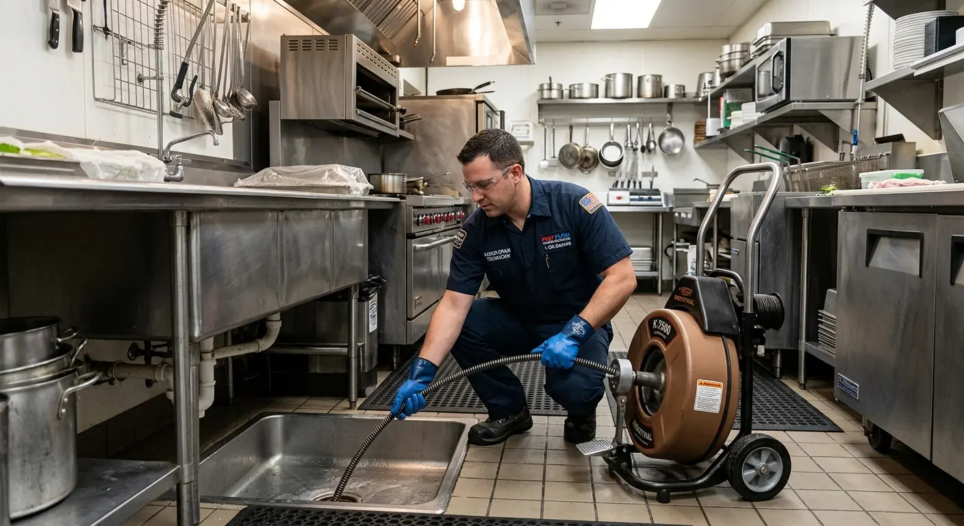 Commercial drain cleaning service in a restaurant kitchen in San Bernardino