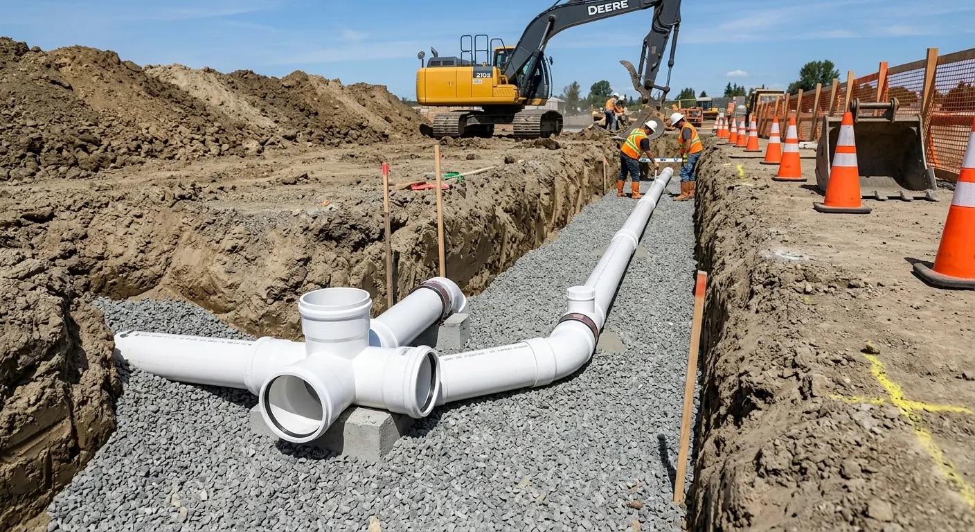 New PVC sewer pipe installation in open trench for Commercial Drain Cleaning in San Bernardino